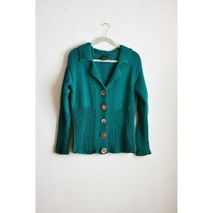 Pure Hand knit cotton sweater size M/L green buttoned down timeless
